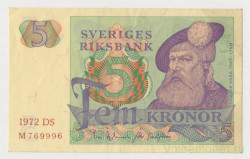 Банкнота. Швеция. 5 крон 1972 год.