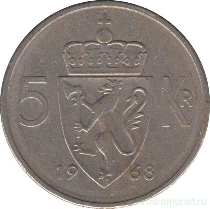 Монета. Норвегия. 5 крон 1968 год.