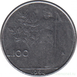 Монета. Италия. 100 лир 1991 год.