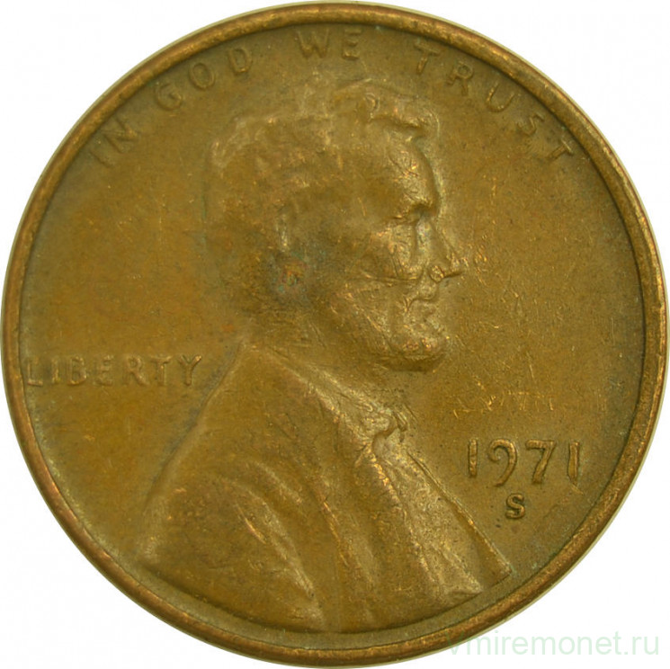Монета. США. 1 цент 1971 год. Монетный двор S.