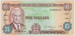 Банкнота. Ямайка. 5 долларов 1992 год. Тип 70d.