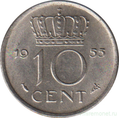 Монета. Нидерланды. 10 центов 1955 год.