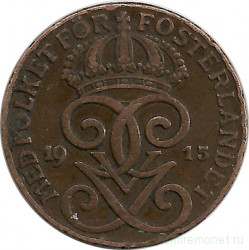 Монета. Швеция. 2 эре 1915 год.