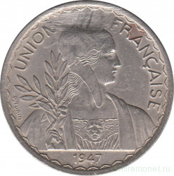 Монета. Французский Индокитай. 1 пиастр 1947 год. Гурт рубчатый.