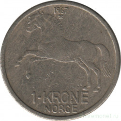 Монета. Норвегия. 1 крона 1967 год.