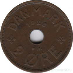 Монета. Дания. 2 эре 1928 год.