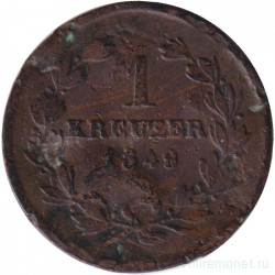 Монета. Германия. Баден. 1 крейцер 1849 год.