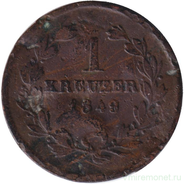 Монета. Германия. Баден. 1 крейцер 1849 год.