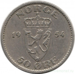 Монета. Норвегия. 50 эре 1954 год.