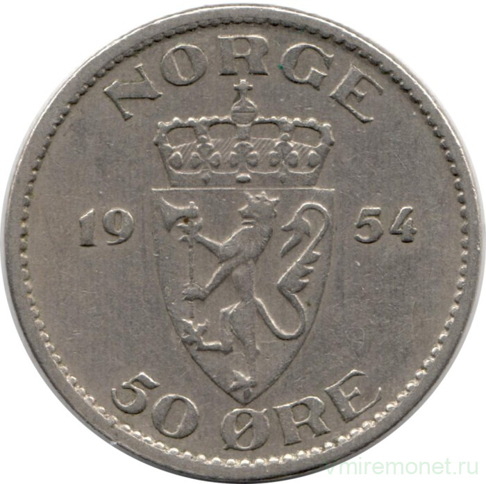 Монета. Норвегия. 50 эре 1954 год.