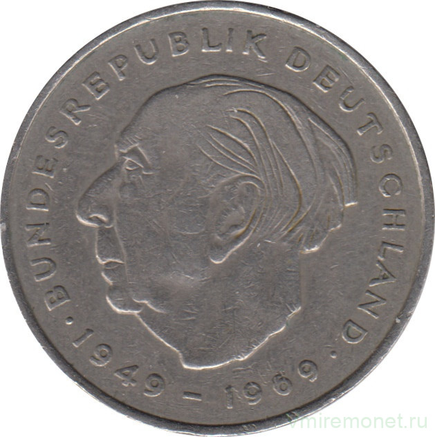 Монета. ФРГ. 2 марки 1973 год. Теодор Хойс. Монетный двор - Карлсруэ (G).
