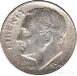 Монета. США. 10 центов 1954 год. Серебряный дайм Рузвельта. Монетный двор S.