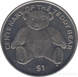 Монета. Великобритания. Британские Виргинские острова. 1 доллар 2002 год. 100 лет медвежонку Тедди.