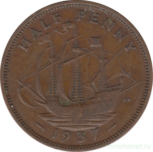 Монета. Великобритания. 1/2 пенни 1937 год.