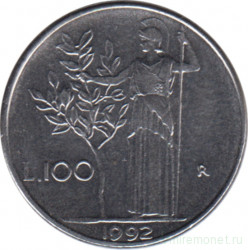 Монета. Италия. 100 лир 1992 год.