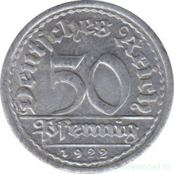 Монета. Германия. Веймарская республика. 50 пфеннигов 1922 год. Монетный двор - Карлсруэ (G).