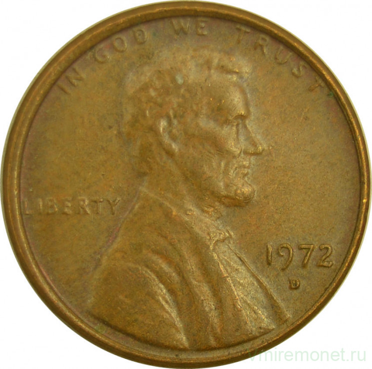 Монета. США. 1 цент 1972 год. Монетный двор D.