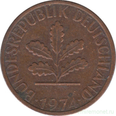 Монета. ФРГ. 1 пфенниг 1974 год. Монетный двор - Гамбург (J).
