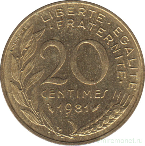 Монета. Франция. 20 сантимов 1981 год.