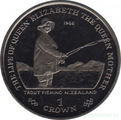Монета. Гибралтар. 1 крона 2002 год. Жизнь Королевы-матери. Ловля форели в Новой Зеландии, 1966.