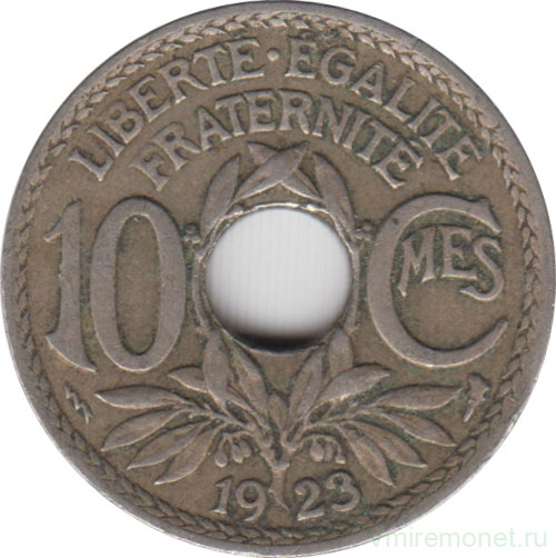 Монета. Франция. 10 сантимов 1923 год. Монетный двор - Пуасси. Аверс - молния.
