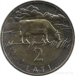 Монета. Латвия. 2 лата 2003 год. Корова.