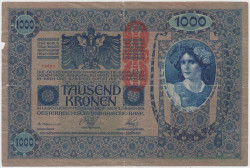 Банкнота. Австро-Венгрия. 1000 крон 1902 (1919) год. Выпуск 1. (deutschosterreich вертикально). Тип 59.