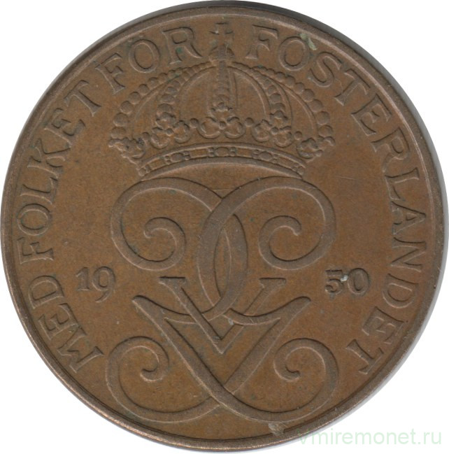 Монета. Швеция. 5 эре 1950 год (бронза).