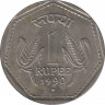 Монета. Индия. 1 рупия 1990 год. Гурт - рубчатый с желобом. ав.