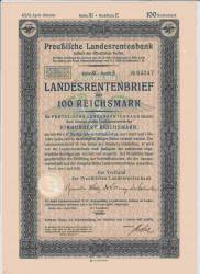 Облигация. Германия. Третий рейх. Прусский государственный пенсионный банк. Облигация на 100 рейхсмарок с 1.04.1939 по 1.10.1943.