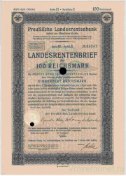 Облигация. Германия. Третий рейх. Прусский государственный пенсионный банк. Облигация на 100 рейхсмарок с 1.04.1939 по 1.10.1943.
