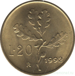 Монета. Италия. 20 лир 1992 год.
