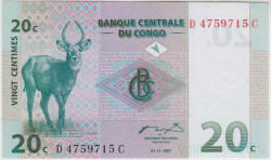 Банкнота. Демократическая Республика Конго. 20 сантимов 1997 год. Тип 83а.