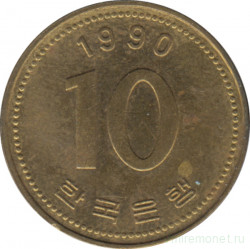 Монета. Южная Корея. 10 вон 1990 год.