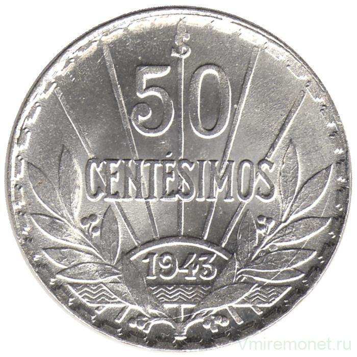 Монета. Уругвай. 50 сентесимо 1943 год.