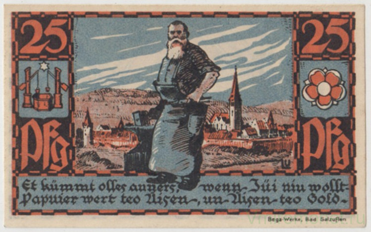 Бона. Нотгельд. Германия. Курорт Зальцуфлен. 25 пфеннигов 1921 год. Вариант 1159.1.2.