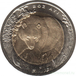 Монета. Турция. 1 лира 2011 год. Фауна Турции - медведь.
