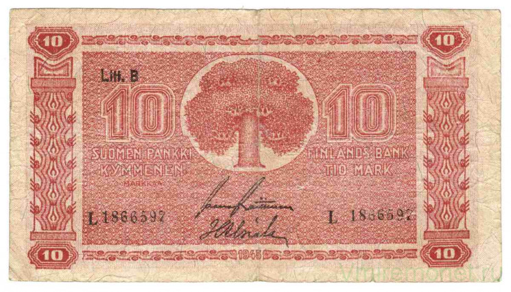 Банкнота. Финляндия. 10 марок 1945 год.