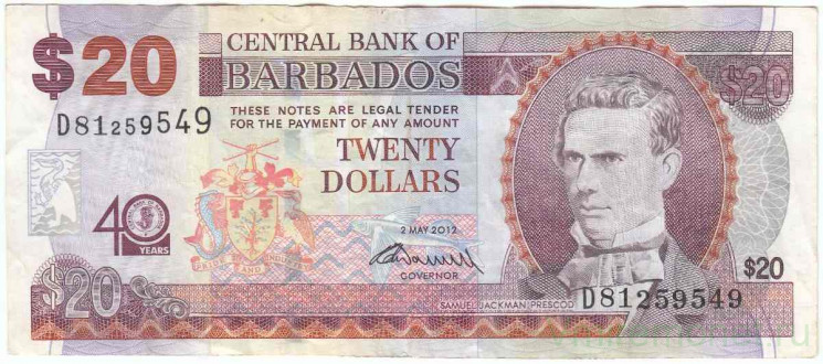 Банкнота. Барбадос. 20 долларов 2012 год. 40 лет Центральному банку Барбадоса. Тип 72.