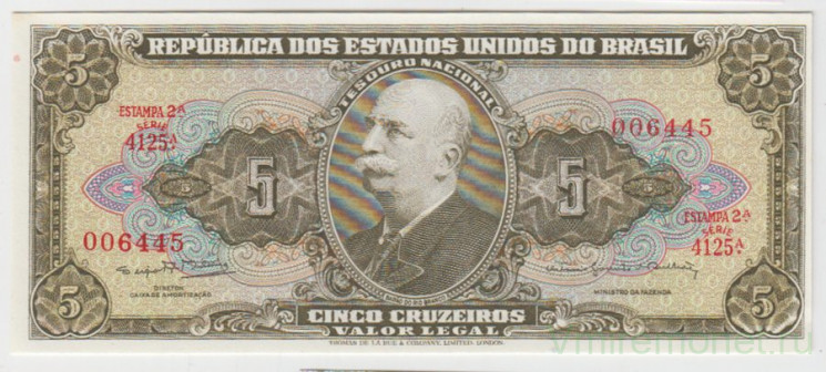 Банкнота. Бразилия. 5 крузейро 1964 год. Тип А.