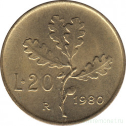Монета. Италия. 20 лир 1980 год.