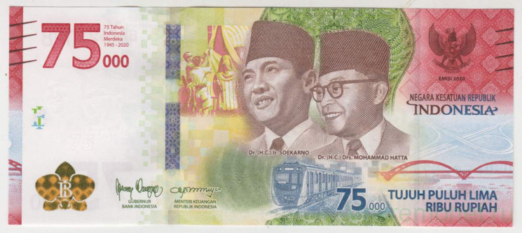 Банкнота. Индонезия. 75000 рупий 2020 год. 75 лет независимости. Тип W161.