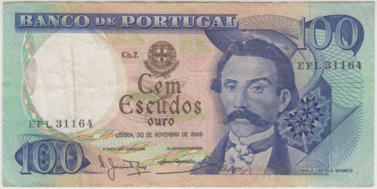 Банкнота. Португалия. 100 эскудо 1965 год. Тип 169а.