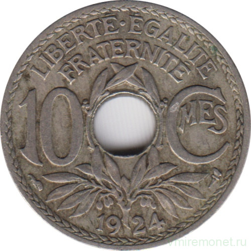 Монета. Франция. 10 сантимов 1924 год. Монетный двор - Бомон-ле Роже. Аверс - рог изобилия.