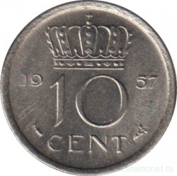 Монета. Нидерланды. 10 центов 1957 год.
