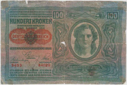 Банкнота. Австрия. 100 крон 1912 год. Печать "deutschosterreich" (1919). Тип 56 (1).