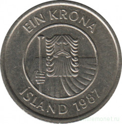 Монета. Исландия. 1 крона 1987 год.