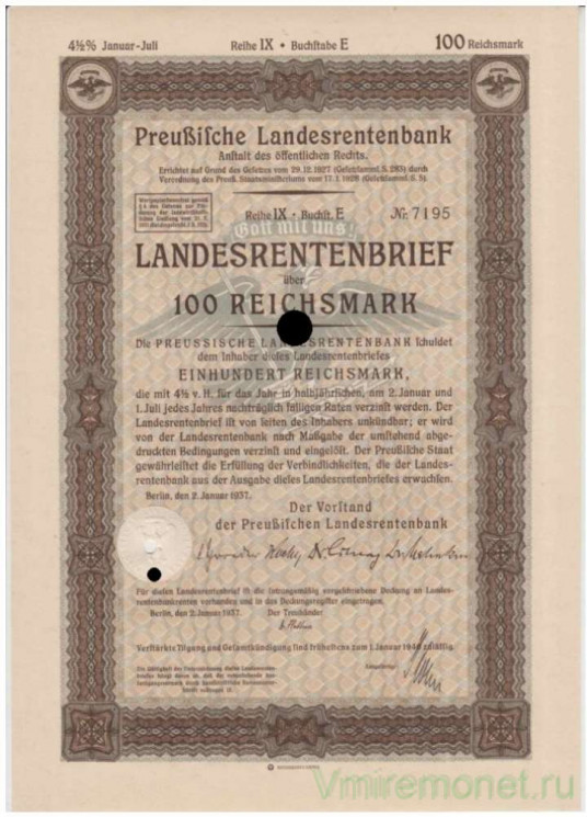 Облигация. Германия. Третий рейх. Прусский государственный пенсионный банк. Облигация на 100 рейхсмарок с 2.01.1937 по 1.01.1940. Облигация. Германия. Третий рейх. Прусский государственный пенсионный банк. Облигация на 100 рейхсмарок с 2.01.1937 по 1.01.1940.