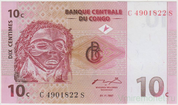 Банкнота. Демократическая Республика Конго. 10 сантимов 1997 год. Тип 82а.