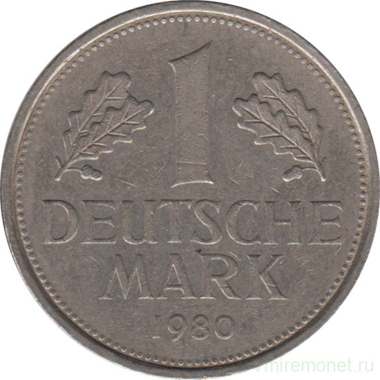 Монета. ФРГ. 1 марка 1980 год. Монетный двор - Карлсруэ (G).